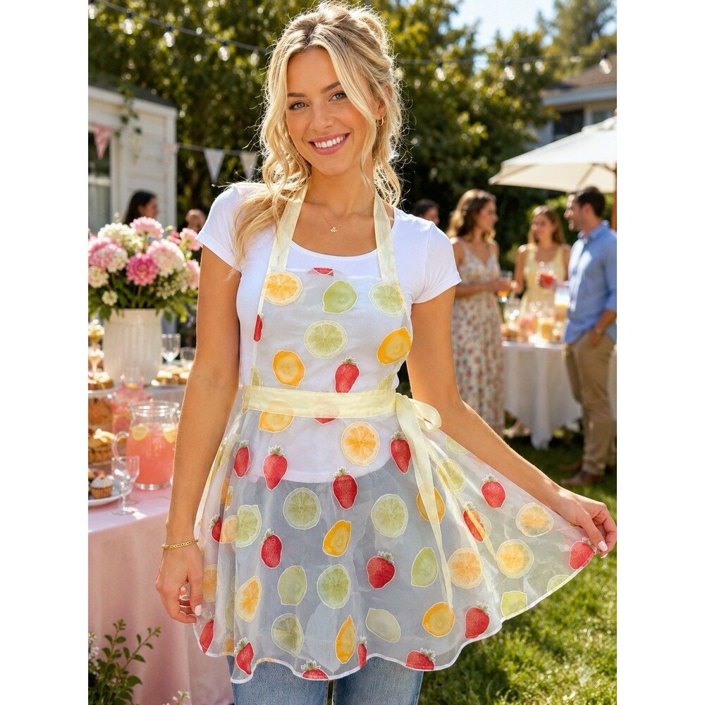 NWT PartyGirlAprons Sheer Fruit Print Hostess Apron Strawberry Lemon Citrus OS